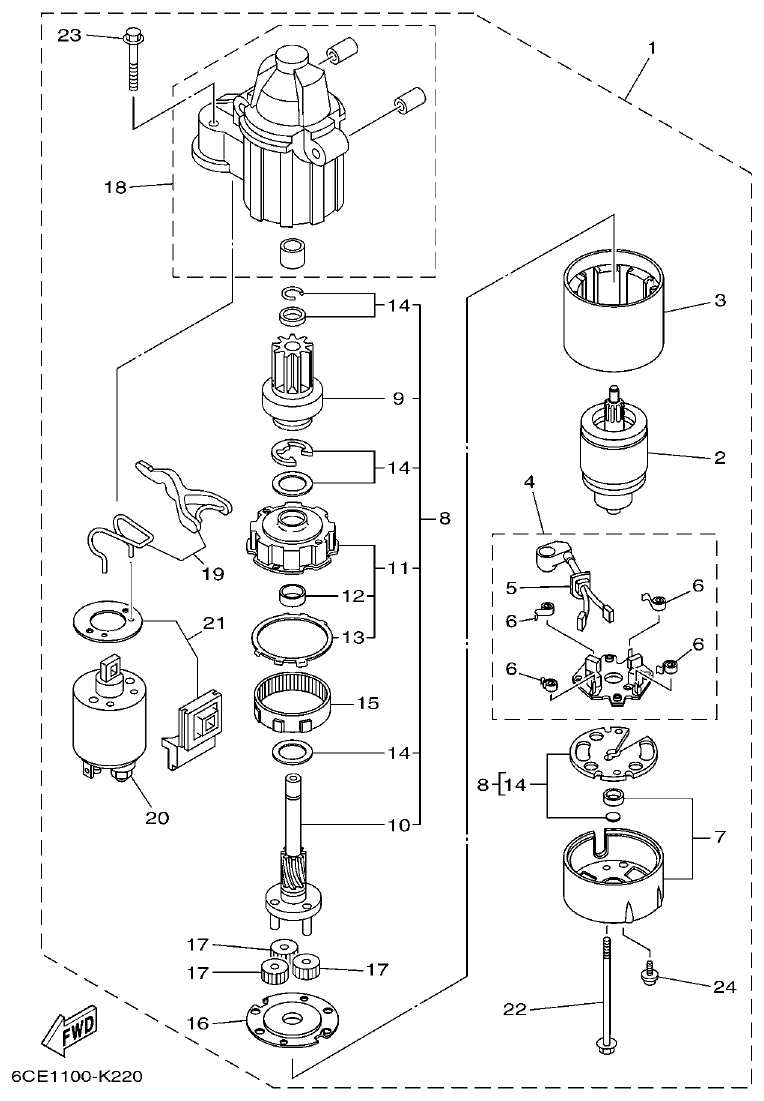 Yamaha F225FET, FL225FET STARTING MOTOR parts diagram